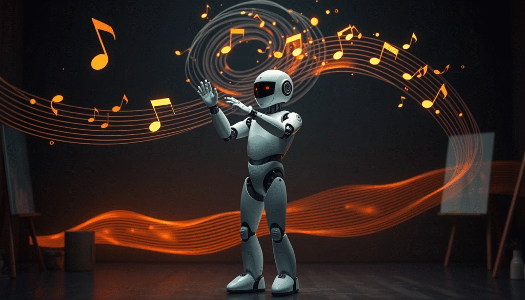 A white minimalist robot representing ChatGPT conducting a symphony of glowing paint strokes and musical notes, symbolizing its creative abilities.