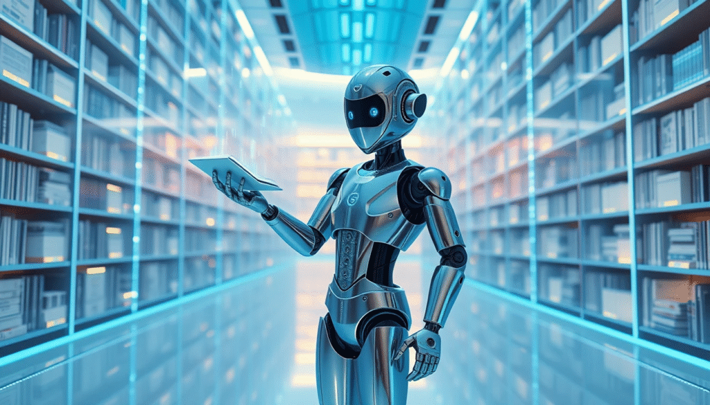 A futuristic chrome robot representing Google Gemini accessing information from a holographic library, symbolizing its research capabilities.